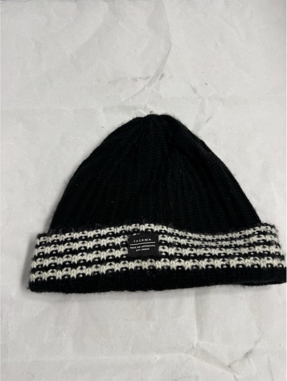 TACKMA Seek No Approval Black White Striped Knit Beanie Hat Streetwear OS